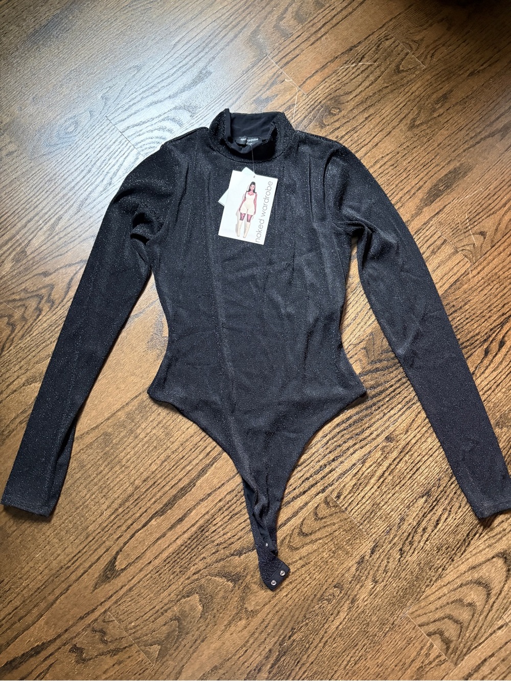 Naked Wardrobe Black Sparkle Long-Sleeve Turtleneck Bodysuit size Medium NWT